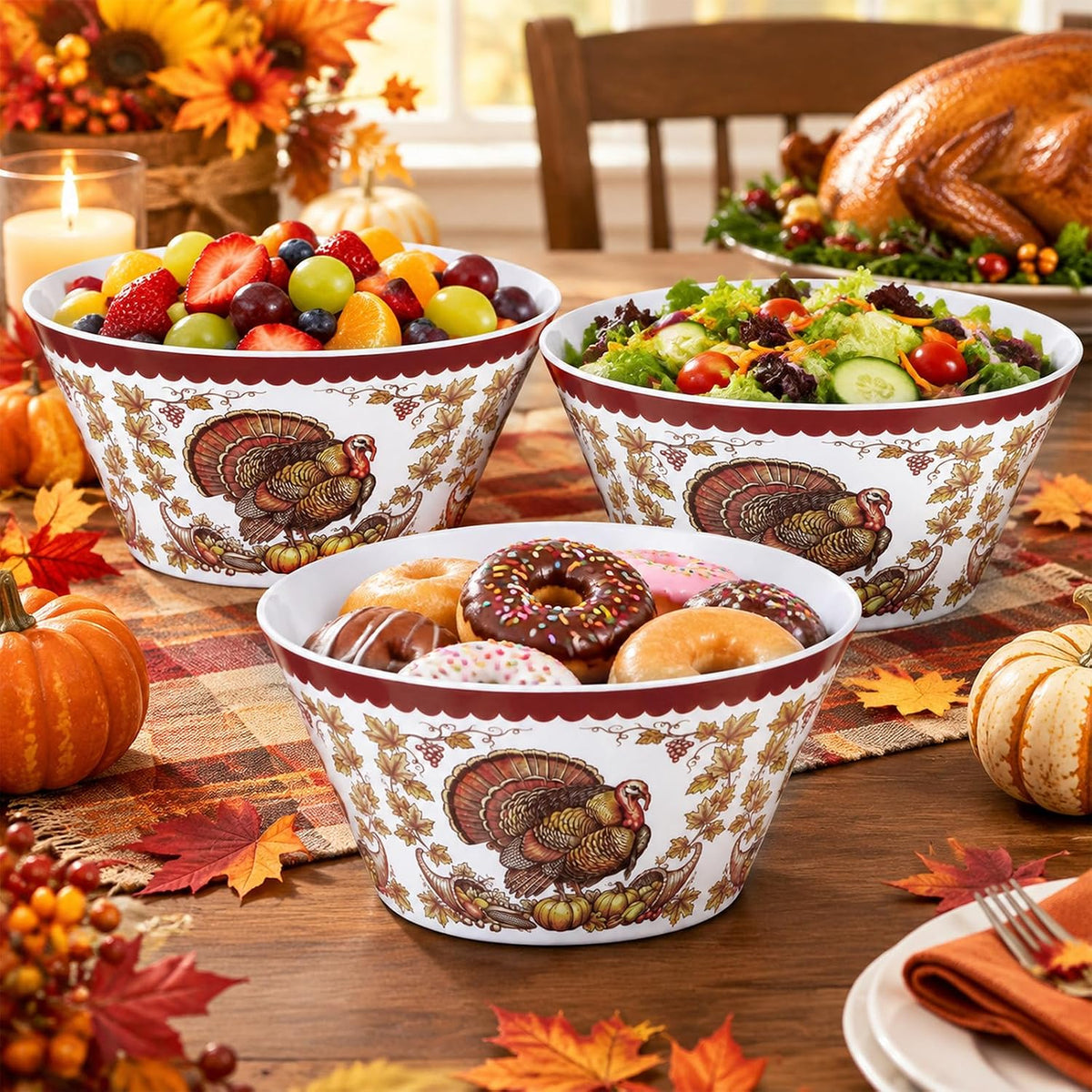 3 Pcs 10" Thanksgiving Serving Bowls, Turkey Print