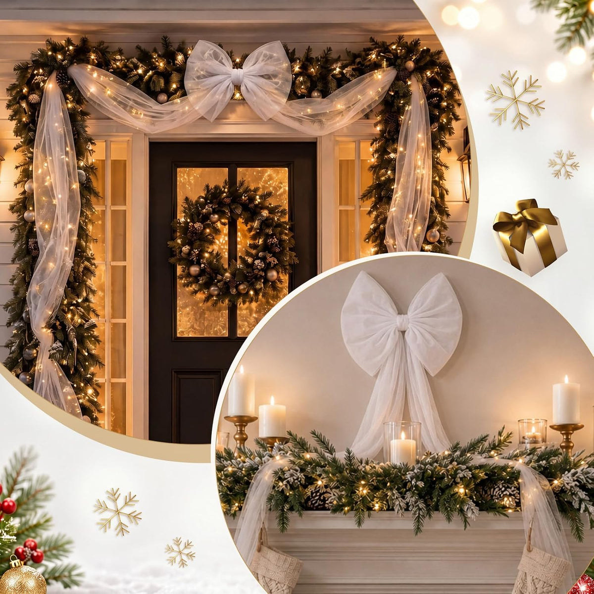 White Large Christmas Bow for Tree Topper 25 ft, White, Tulle