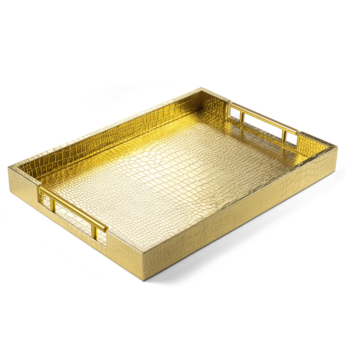 ATZYmolin 17"x12" Leather Serving Tray, Gold Handle Vanity Platter, Beige