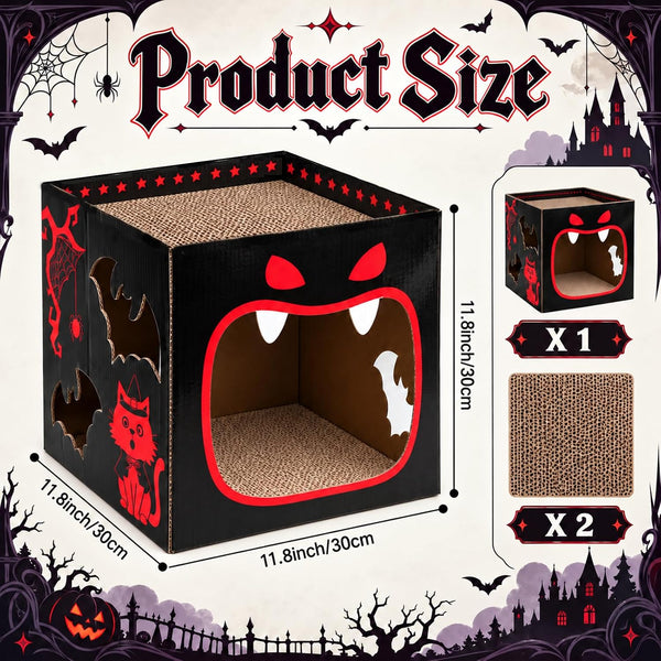 Cinrobiye Cardboard Cat House with Scratcher, Gothic Halloween Cat Scratcher Box with 2 Corrugated Scratch Pads, Open Top Indoor Cat Hideaway Bed for Cats and Kittens