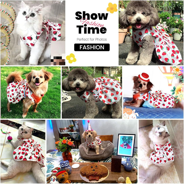 ABRRLO Cute Dog Dress Small Dog Clothes for Girls Female Puppy Outfits Red Strawberry Pet Summer Clothes Bowknot Doggy Cat Princess Dresses Harness for Holiday Birthday Party Costume Clothing (Red,S)