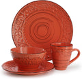 Elama Malibu Jasper 16-Piece Stoneware Embossed Pattern Reactive Glaze Orange Dinnerware Set, Tableware, Serveware Set (Jasper Orange)