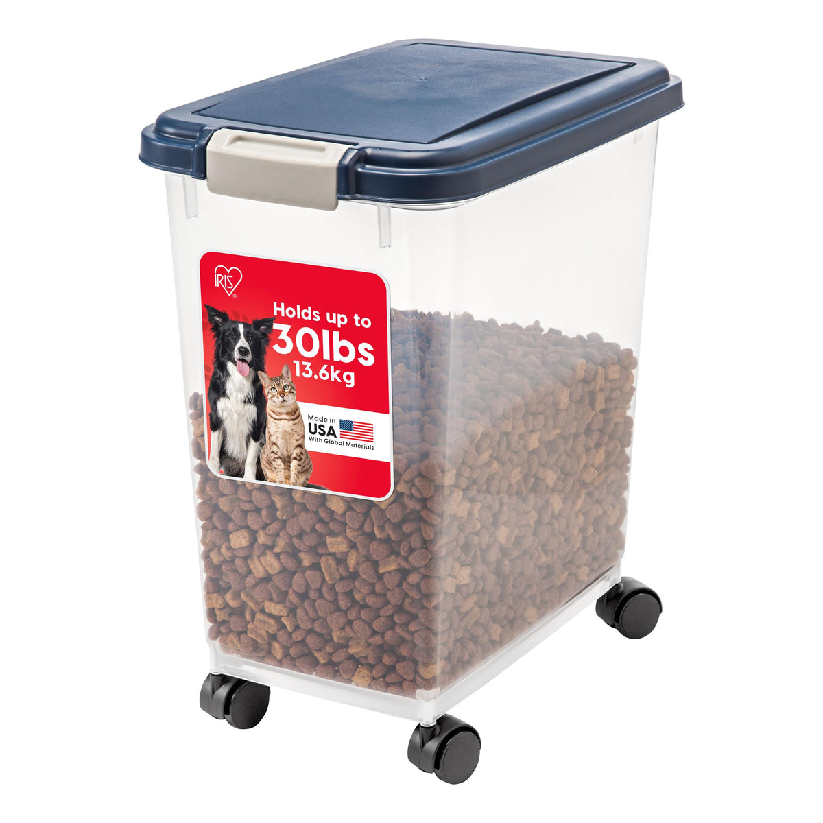 IRIS USA Airtight Dog Food Storage Container, Up to 54 lbs, Attachable Wheels, For Dog Cat Bird and Other Pet Food Storage Bin, Keep Fresh, Translucent Body, Easy Mobility, Black