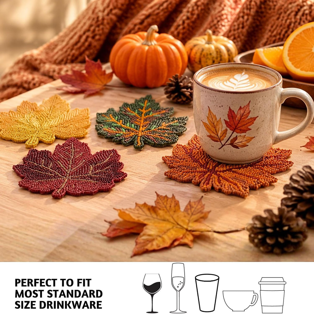Folkulture Fall Coasters Set of 4, Boho Fall Table Decor