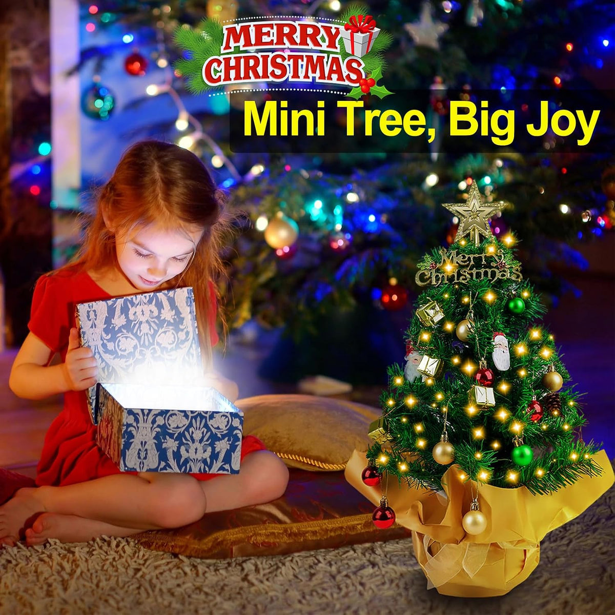 23 in Small Christmas Tree with Lights, Mini Tabletop Tree Desk Decor
