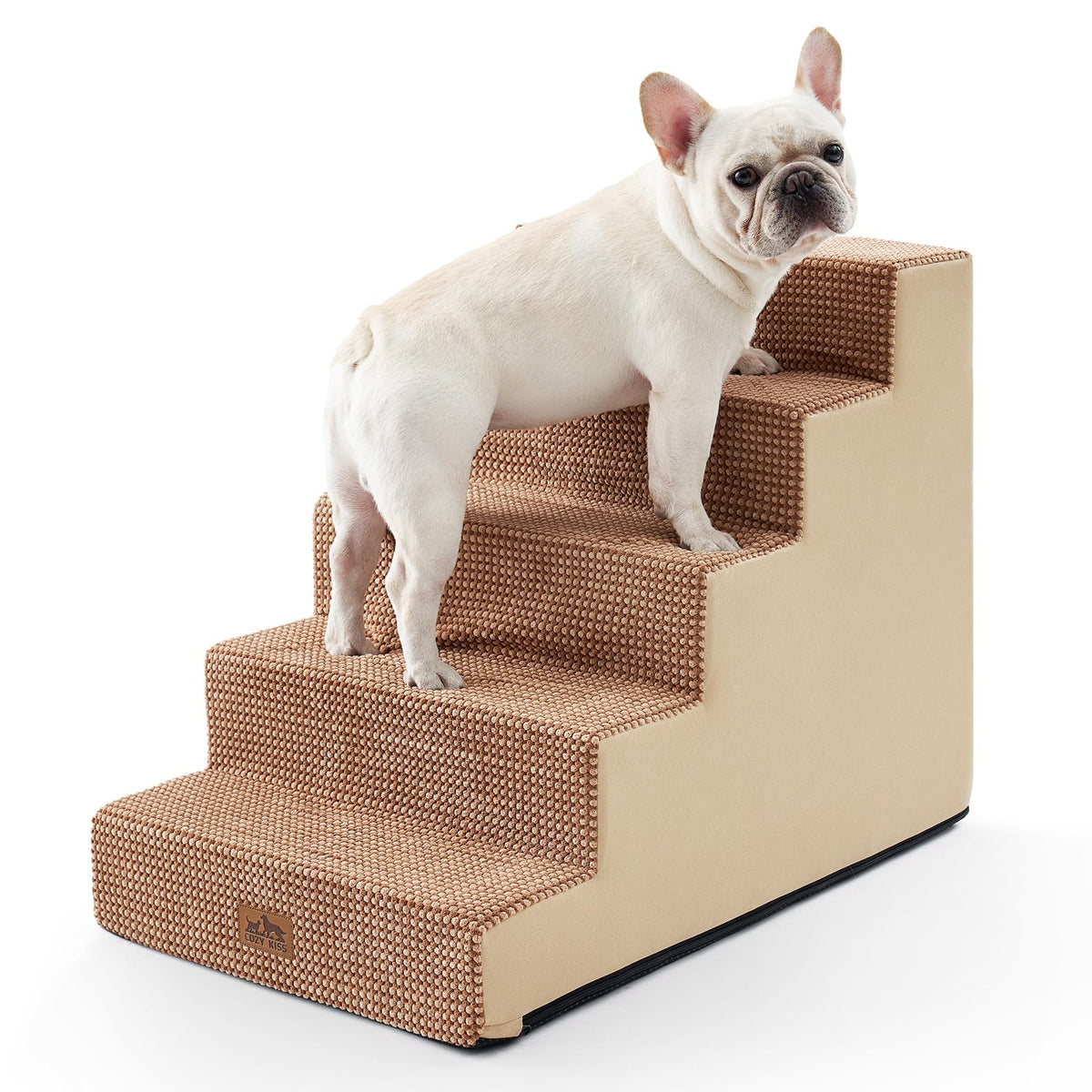 COZY KISS Dog Stairs for Small Dogs, 5 Tier Wider Pet Stairs for High Beds, 23.6" H Non-Slip Dog Steps for Old Cats, Puppies, Small Medium Dogs, 19.7x29.5x23.6 inch, Beige