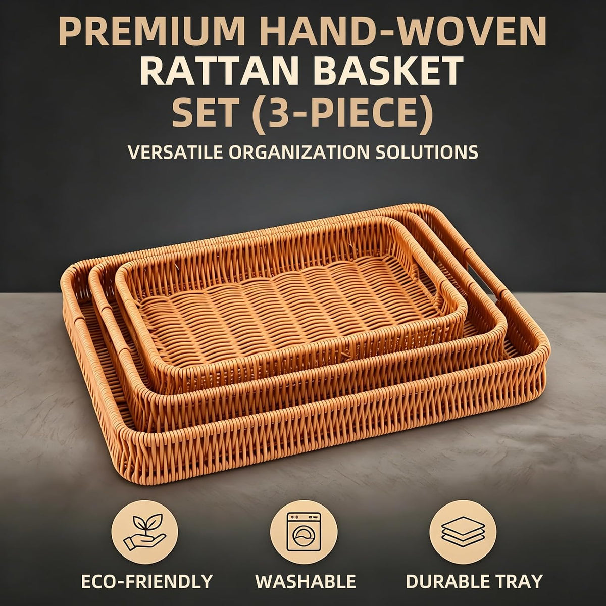 3PCS Hand-Woven 16“ Rattan Rectangular Serving Tray with Handles – Wicker Tray for Coffee Table Decor, Breakfast Basket, Drinks, Fruit, Snacks Organizer, Ottoman & Kitchen Counter Outdoor