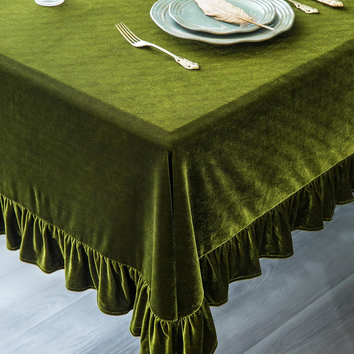 GLORY SEASON Velvet Tablecloth Luxurious Solid Rectangle Table Cloth,Oblong Retro Farmhouse Ruffle Tablecloths Washable Table Cover for Party Olive Green,52x70 Inches