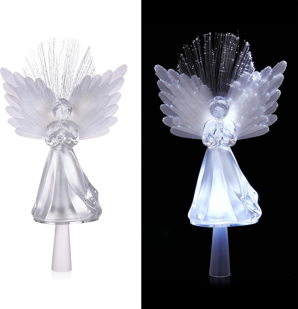 Alpine Corporation 11" Tall Angel Tree Topper with Fiber Optic Wings and LED Light, with Timer Function, Durable Plastic, and Radiant Glow for Holiday Christmas Decoration