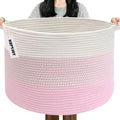 Large Woven Blanket Basket,65L Cotton Rope Laundry Basket Hamper with Handles, Decorative Nursery Basket Storage Bin for Toys, Clothes Organizer, Living Room, Bedroom, Bathroom, White & Brown
