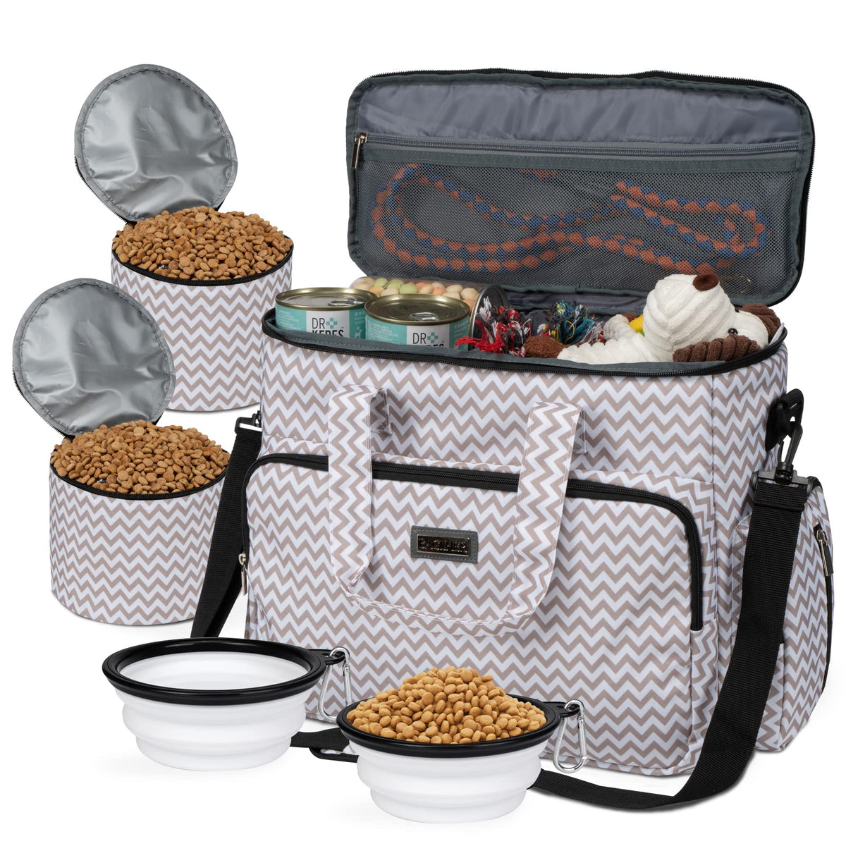 BAGLHER Pet Travel Set Airline-Approved Carrier for Small/Medium Cats & Dogs + Travel Bag with Food Containers & Silicone Bowls, Grey & Green