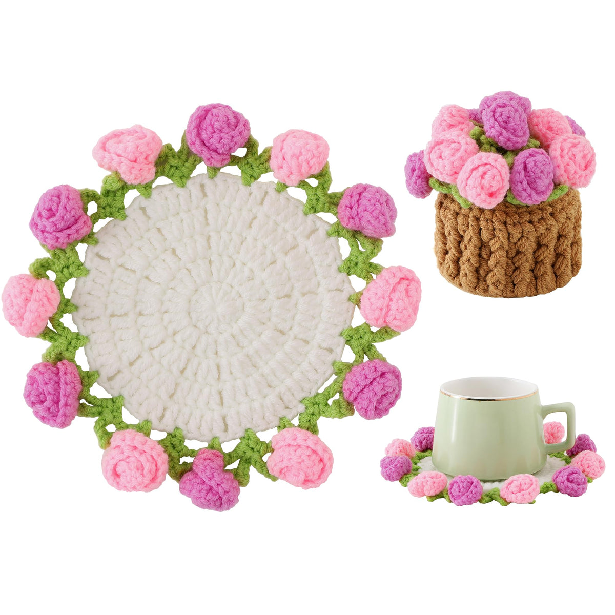 Crochet Flower Coasters, Handmade Bouquet Coasters with Crochet Plant Pot (Sunflower Yellow, 1Pc)