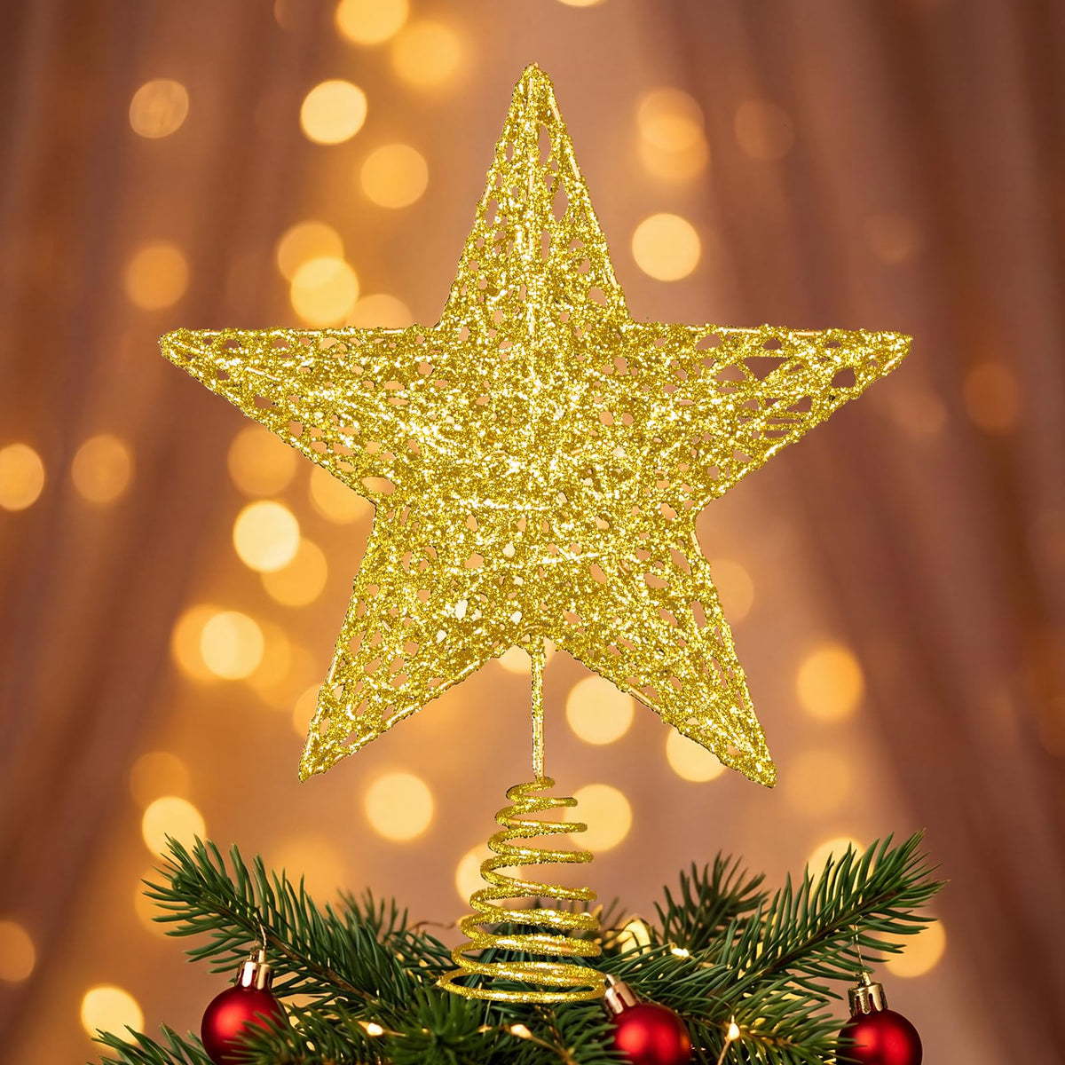 Brightown Gold Glitter Christmas Tree Topper Star, Sparkling Holiday Decor