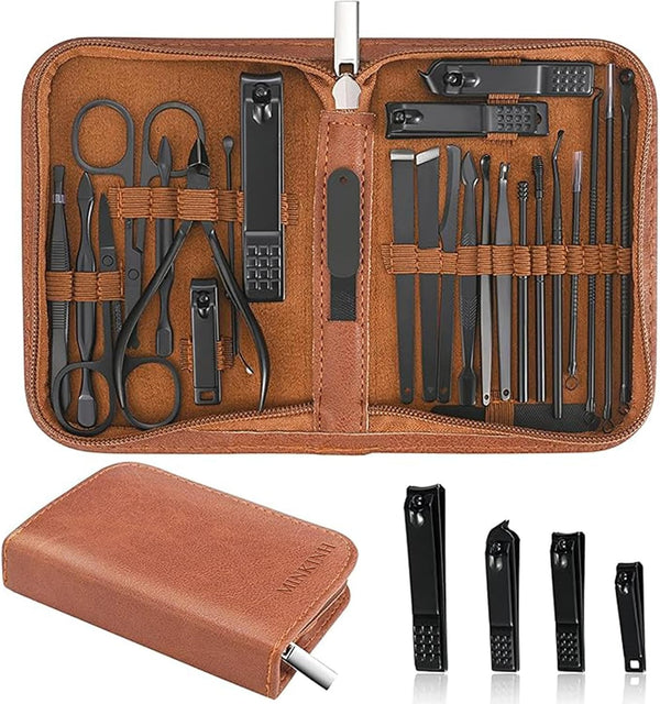 MINKINH Manicure Set Professional Nail Clipper Kit-26 Pieces, Brown | Stainless Steel Manicure Kit, Nail Care Tools with Travel Case for Men & Women, Hand & Foot Care, Gift for Family & Friends