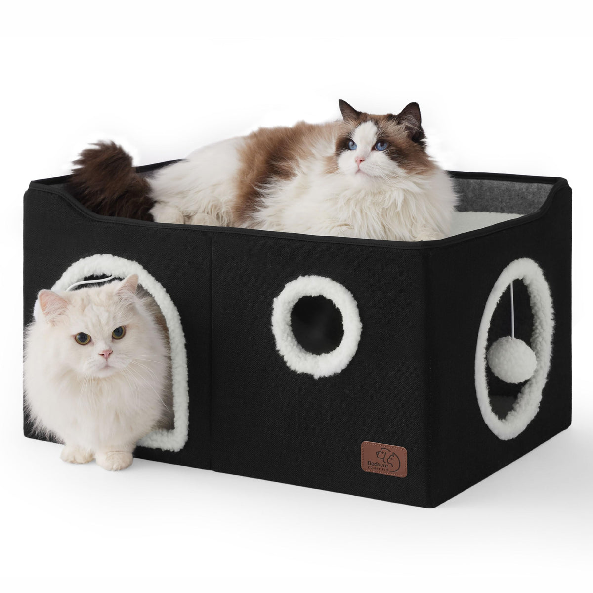 Bedsure Extra Wide Cat House Bed with Fluffy Ball and Scratch Pad,Grey | 23.6x16.9x13 in,Indoor Cat Cave for Multiple Pets, Foldable Cat Hideway Cube for Sleeping Large Cat and Kitten