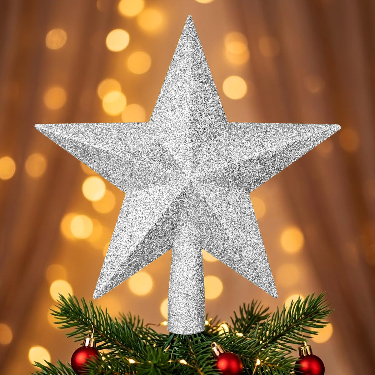 Brightown Gold Glitter Christmas Tree Topper Star, Sparkling Holiday Decor