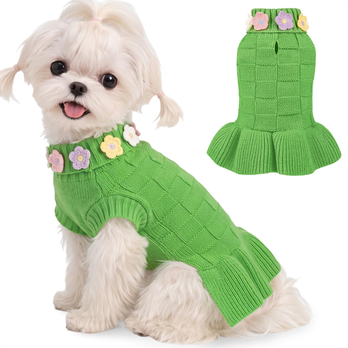 WOYYHO Small Dog Sweater Dress Checkerboard Knitted Princess Pet Dress