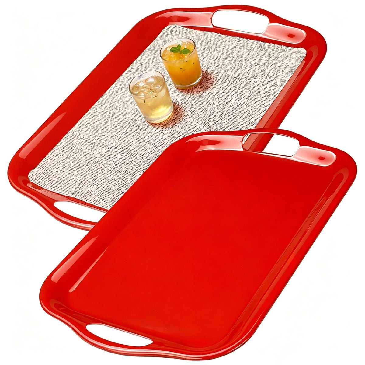 Thanksgiving Serving Trays with Handles, 19 x 11.6 Inch, Set of 2, Bamboo Fiber Serving Platter, Dishwasher Safe, with Removable Silicone Mats, Turkey and Fall Plaid