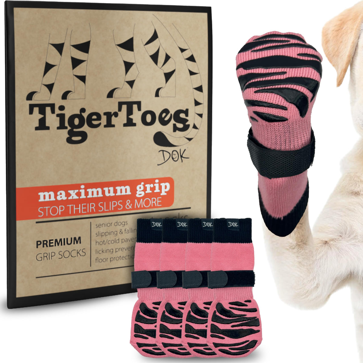 DOK TigerToes Premium Non-Slip Dog Socks for Hardwood Floors - Extra-Thick Grip that Works Even When Twisted - Prevents Licking, Slipping, and Great for Dog Paw Protection - Size Large
