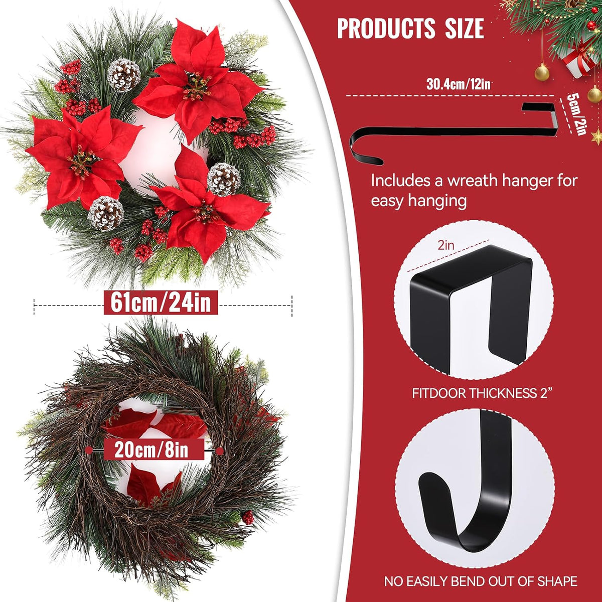 24 Inch Christmas Wreath for Front Door Outdoor with Hangers