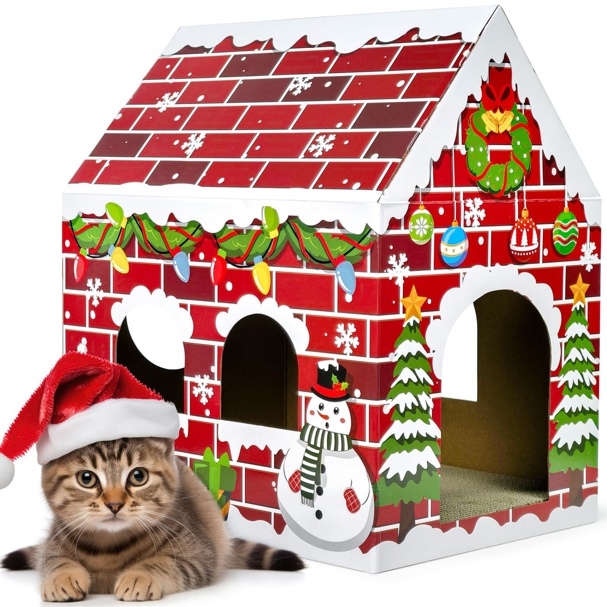 Cinrobiye Cardboard Cat House with Scratcher, Gothic Halloween Cat Scratcher Box with 2 Corrugated Scratch Pads, Open Top Indoor Cat Hideaway Bed for Cats and Kittens