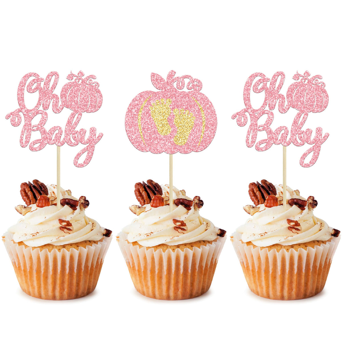 24pc Little Pumpkin Cupcake Toppers - Glitter Pumpkin Cupcake Picks - Baby Shower Decorations - Fall Harvest Theme - Kids Birthday Party Supplies