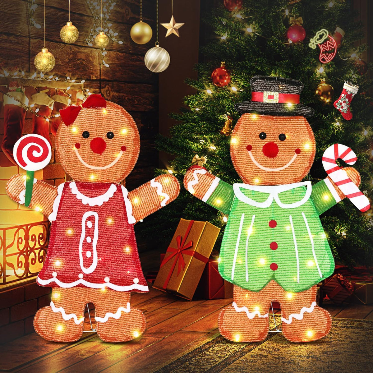 Lighted 2D Gingerbread Christmas Decorations, 2 Piece Gingerbread Man