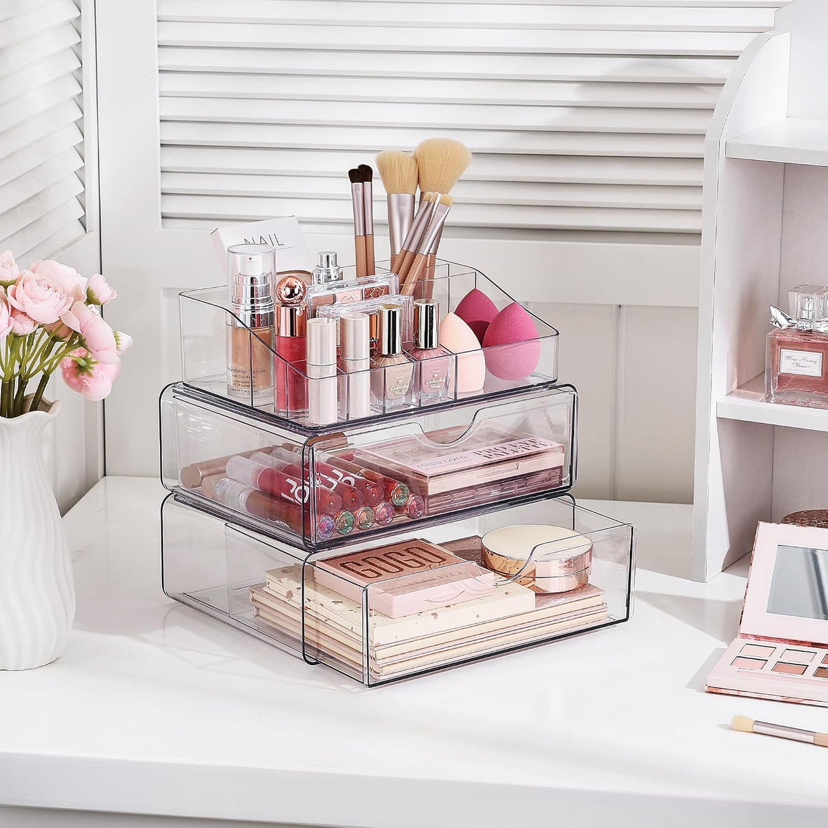 Vtopmart 3 Tier Clear Makeup Organizer with 2 Drawers | Smart Storage Layout, Clear for Better Visibility, Stackable, Large Capacity, for Makeup Lipstick Brush Skincare