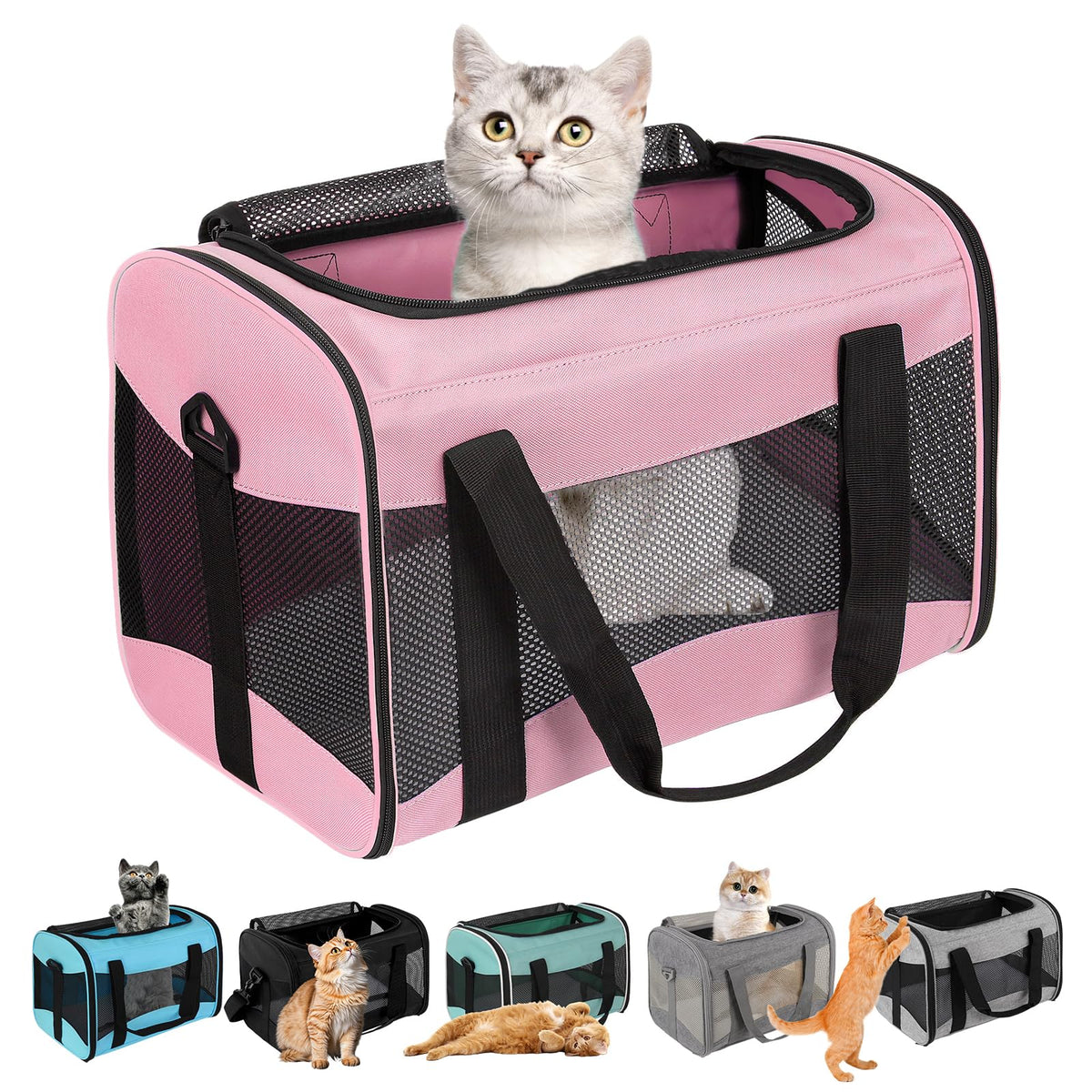 Cat Carrying Case - Pet Carrier Airline Approved, Protable and Breathable Pet Travel Carrier Removable Fleece Pad, Collapsible Cat Carrier Dog Carrier for Medium Cats Small Cats Dogs (Small, Pink)