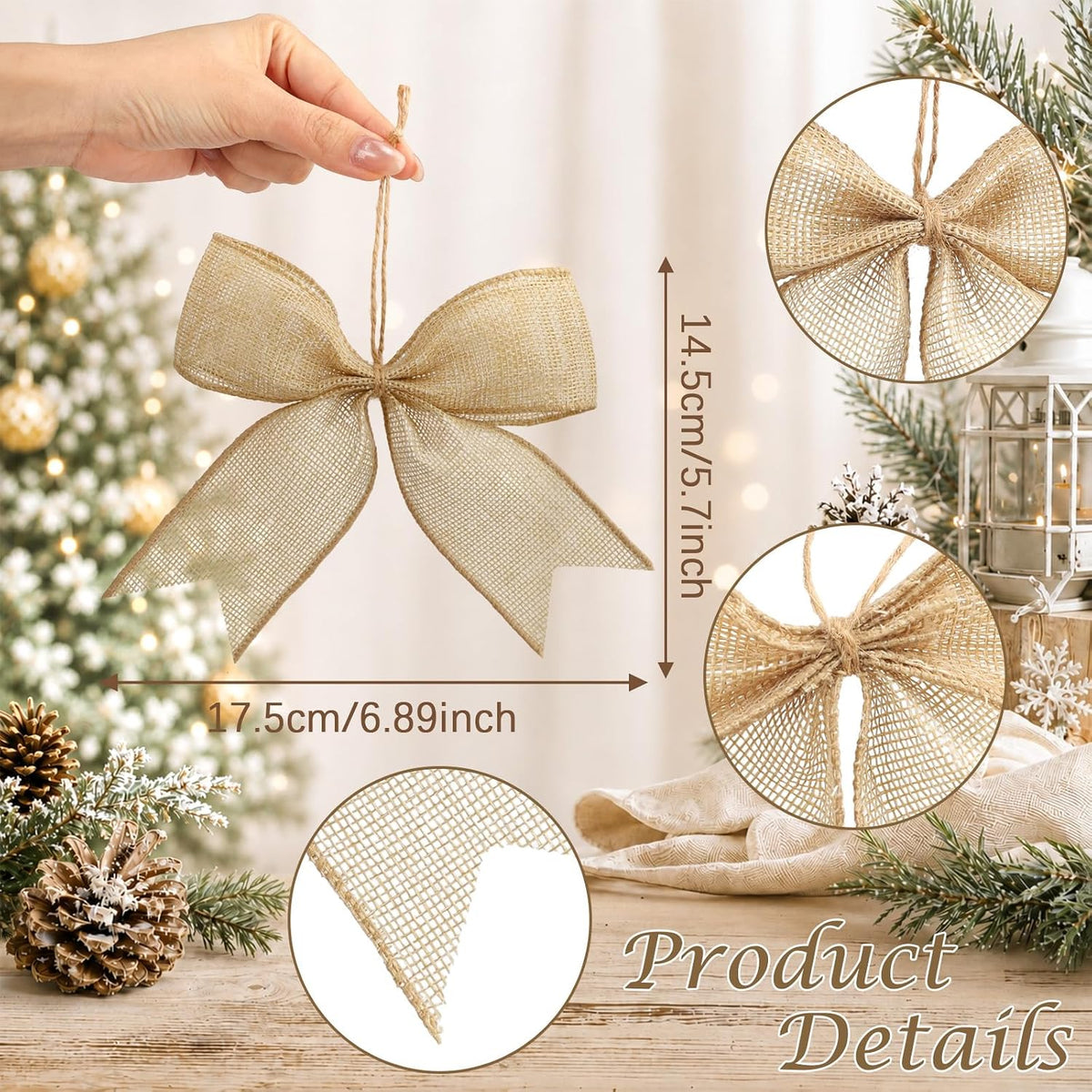 12Pcs Christmas Burlap Bows, 6.9 Inch Rustic Farmhouse Ornaments