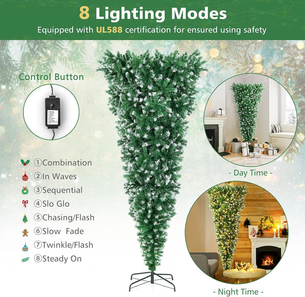 DORTALA Pre-Lit Upside Down Christmas Tree, 7.5 FT Snow Artificial Inverted Xmas Tree with 1100 Branch Tips, 400 Warm LED Lights, 8 Lighting Modes, Foldable Metal Stand, Green