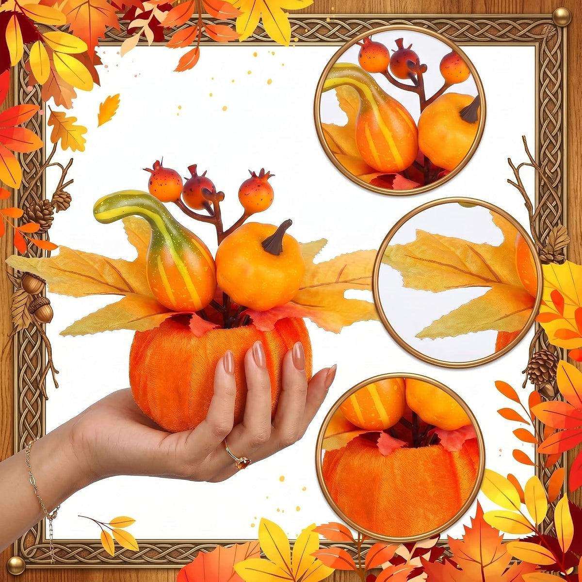 Velvet Fall Pumpkin Decor 6 Pcs, Artificial Fake Plastic Mini Pumpkins, Thanksgiving Halloween Home Table Indoor Decorations