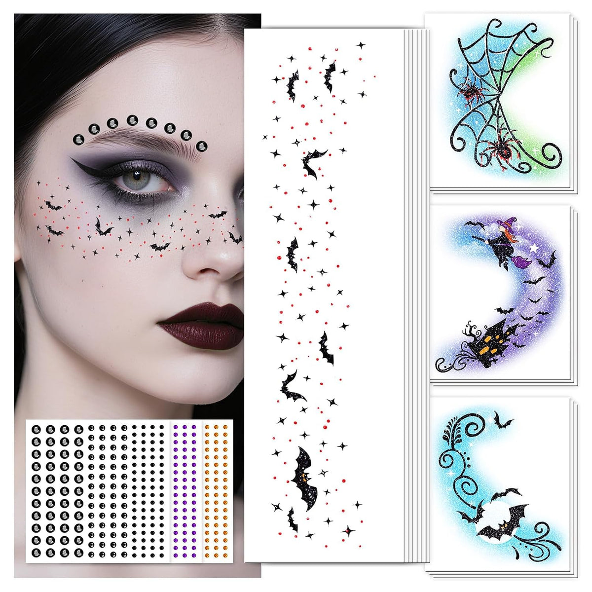 Halloween Glitter Freckle & Gems, Face Tattoo for Women Makeup Decorations