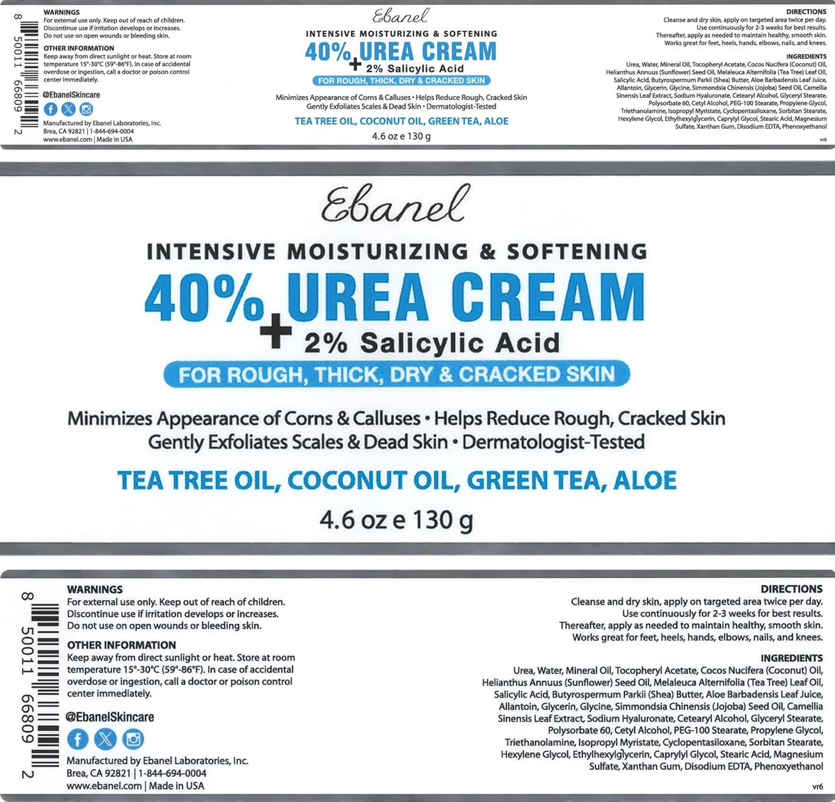 Ebanel Urea Cream 40% plus Salicylic Acid 2% for Dry Cracked Feet Skin | Deeply Moisturizes & Softens Dry Cracked Heels, Feet, Knees, Elbows, Hands, Rough Dead Skin Callus Remover Toenail Softener