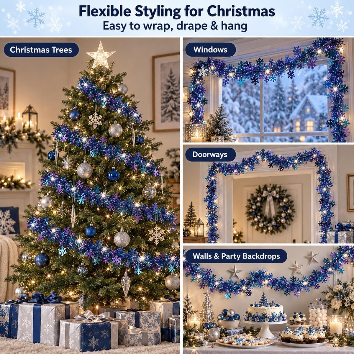1 Pack 16.4FT Lighted Christmas Tinsel Garland, Blue Xmas Garland