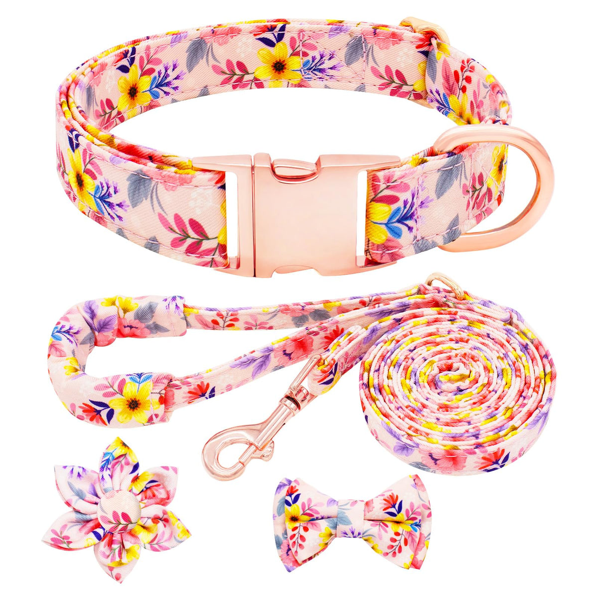 Dog Collar and Leash Set Girls Adjustable Puppy Collars with Floral Bow Tie for Small Medium Large Female Dogs, Orange Flower, XS
