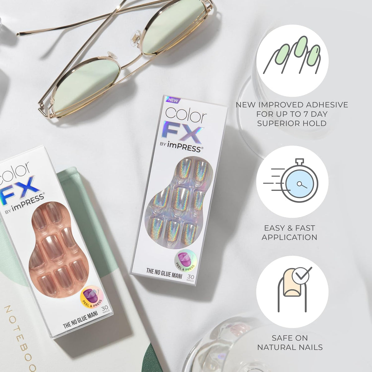 Kiss colorFX by Impress Press On Nails, Levels, 30 No Glue Peel and Stick Nails Kit with IMPROVED Adhesive, Pink Squoval Chrome Effect, Includes Prep Pad, Manicure Stick & Mini File