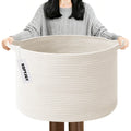 Large Woven Blanket Basket,65L Cotton Rope Laundry Basket Hamper with Handles, Decorative Nursery Basket Storage Bin for Toys, Clothes Organizer, Living Room, Bedroom, Bathroom, White & Brown