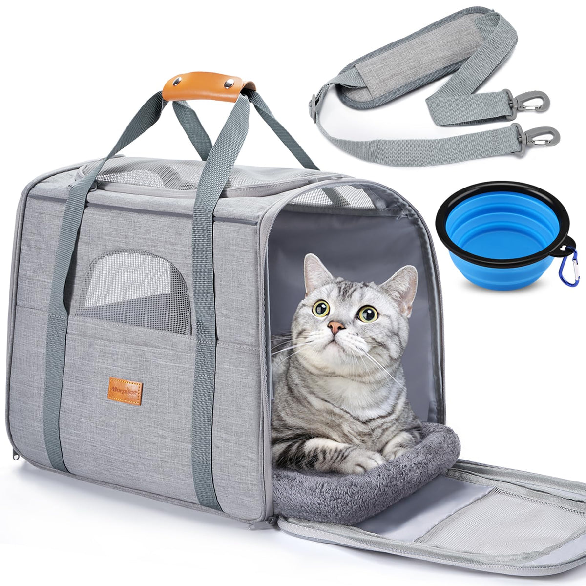 Morpilot Pet Carrier for Large Cats, Puppies & Small Dogs Up to 25lbs, Escape-Proof with Locking Zippers, Dual-Sided Cushion, Safety Buckle for Car & Vet Travel, Includes Foldable Bowl (Dark Gray)
