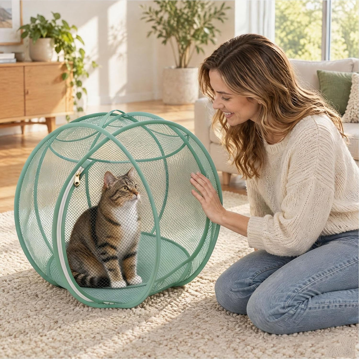 Outdoor Cat Enclosure, Giant Cat Hamster Ball for Outside, Mesh Ball Cat Cage, 360 Panoramic Rolling Cat Playpen, Foldable Breathable Mesh Pet Playpen with Zipper, Cat Outdoor Ball Cage