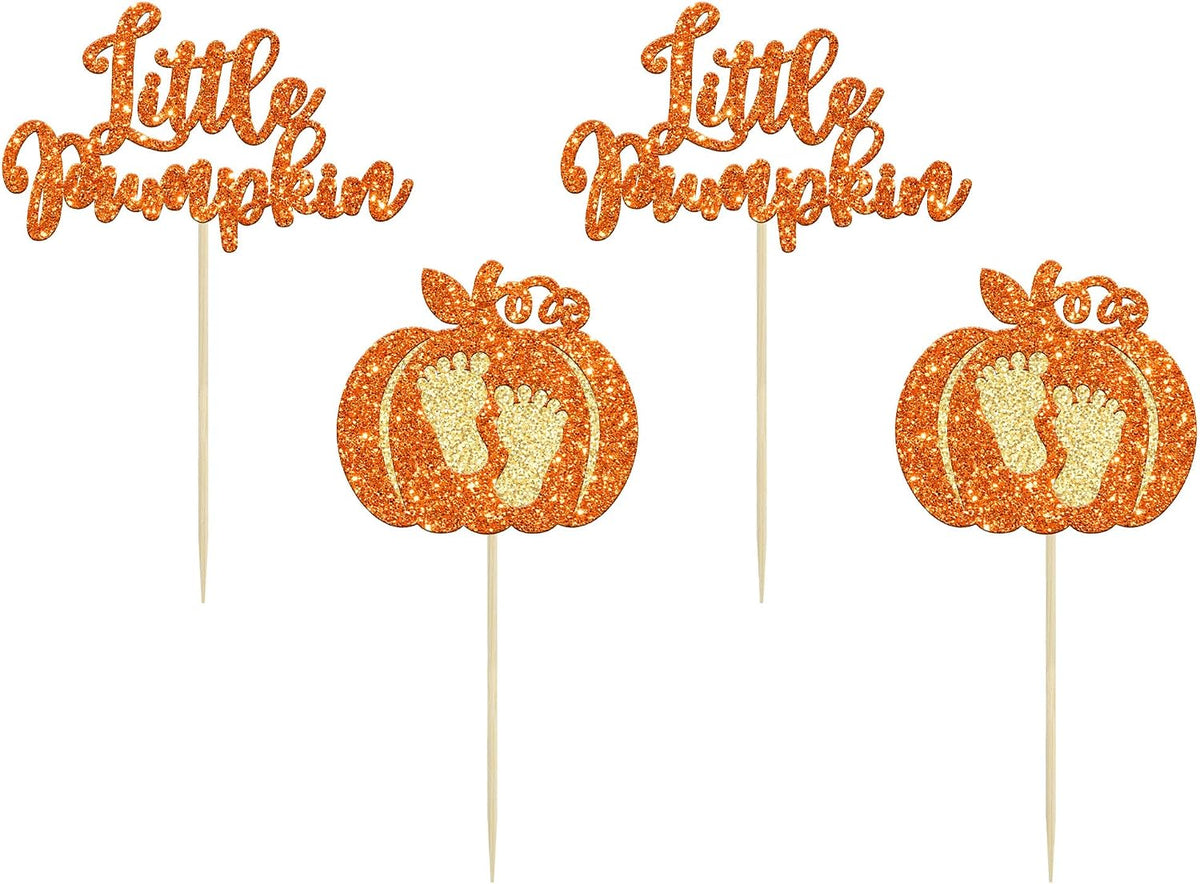 24pc Little Pumpkin Cupcake Toppers - Glitter Pumpkin Cupcake Picks - Baby Shower Decorations - Fall Harvest Theme - Kids Birthday Party Supplies