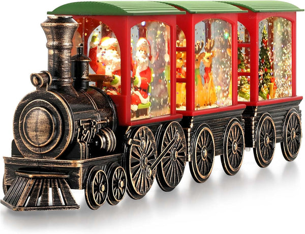 Train Snow Globe Christmas Snow Globe Lantern with Auto 6H Timer and Manual Glitter, Lighted Christmas Decorations Indoor with Santa Claus Reindeer Tree for Home Tabletop, Battery Operated
