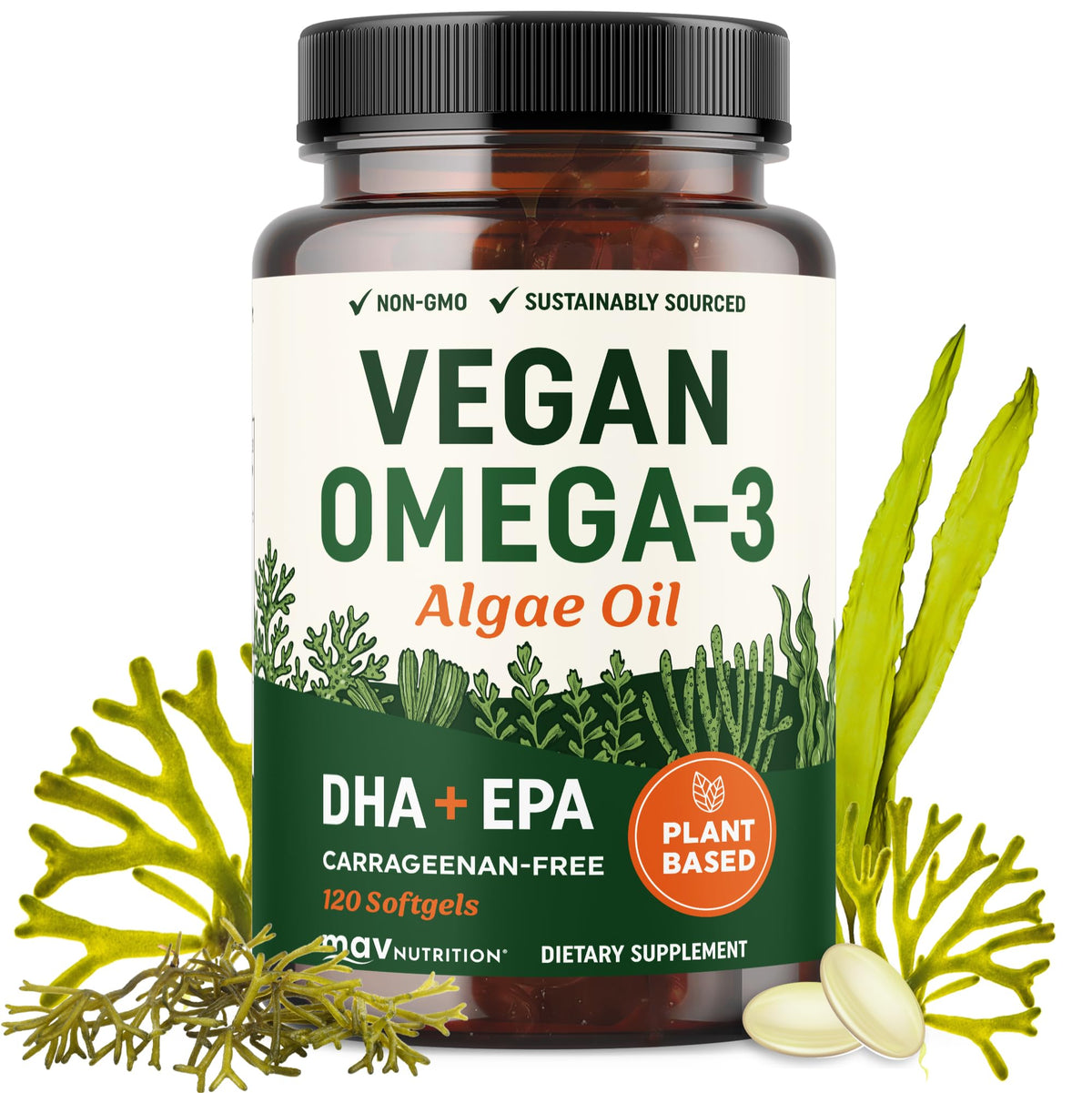 Vegan Omega 3 Algae Oil | Plant Based DHA EPA | Sustainably Sourced, No Carrageenan | Heart, Brain & Eye Health Support | Fish Oil Alternative | Omega 3 Fatty Acid Supplements | 60 Softgels