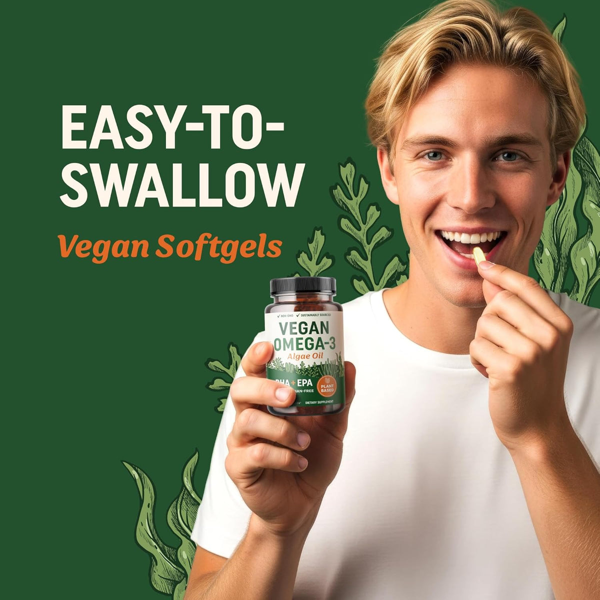 Vegan Omega 3 Algae Oil | Plant Based DHA EPA | Sustainably Sourced, No Carrageenan | Heart, Brain & Eye Health Support | Fish Oil Alternative | Omega 3 Fatty Acid Supplements | 60 Softgels