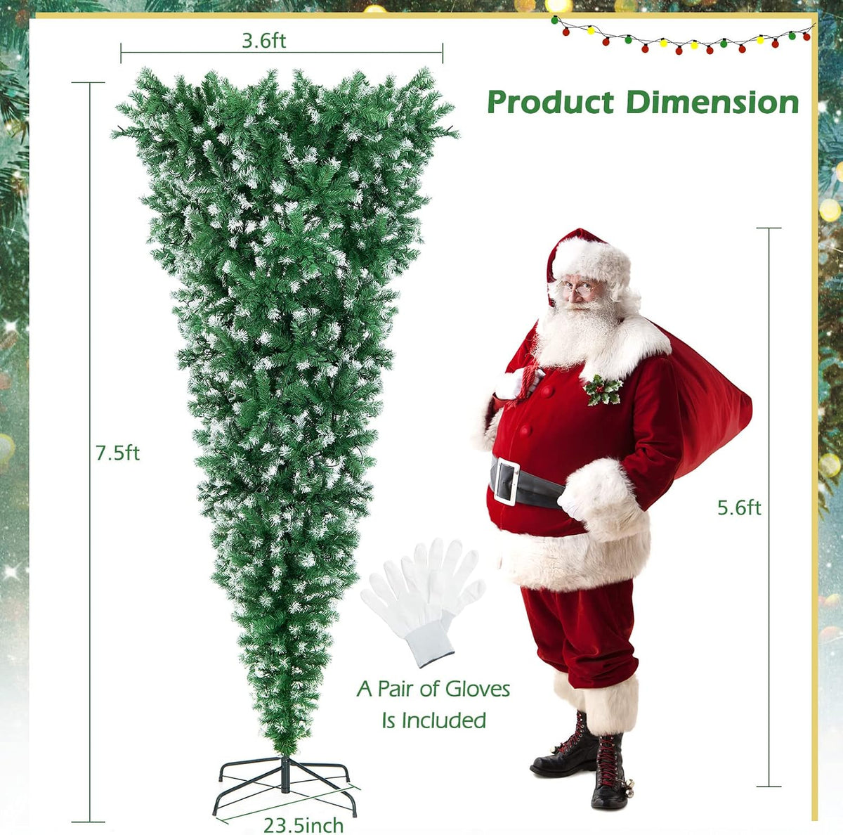 DORTALA Pre-Lit Upside Down Christmas Tree, 7.5 FT Snow Artificial Inverted Xmas Tree with 1100 Branch Tips, 400 Warm LED Lights, 8 Lighting Modes, Foldable Metal Stand, Green