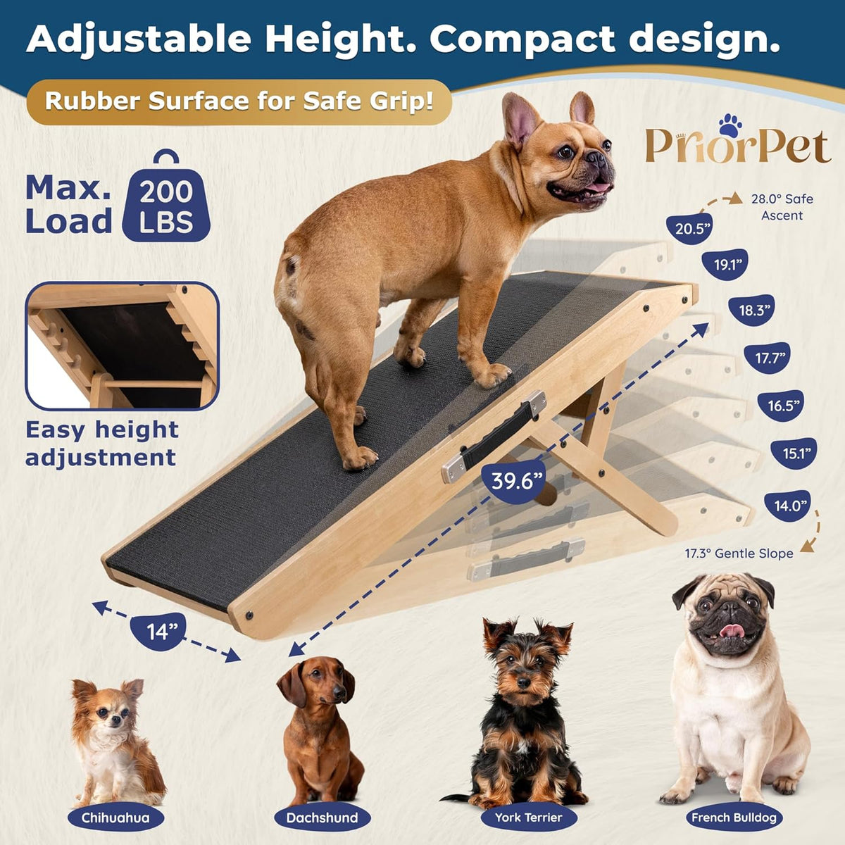 Dog Ramp for Couch – Non-Slip, Sturdy Build Foldable Wooden Dog Ramp – Supports up to 200 lbs – 7 Adjustable Heights (14"–20.5") – Enhanced Stability – Birchwood Pet Ramp for Small Dogs – Natural