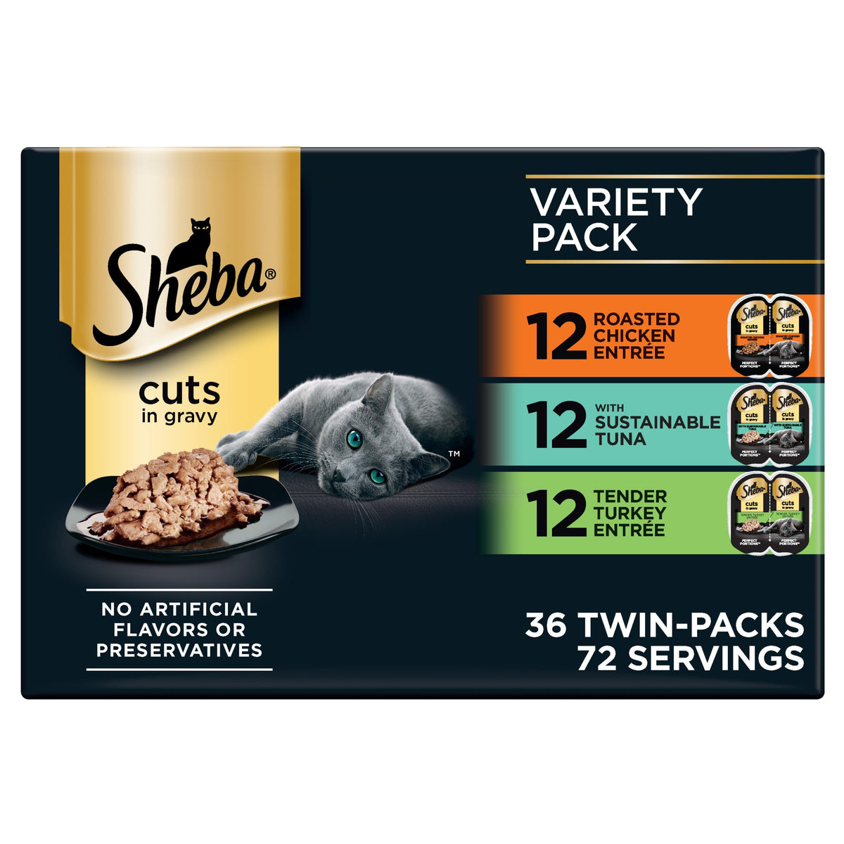 Sheba Perfect Portions Wet Cat Food Cuts in Gravy, Cat Food Wet Recipe, Roasted Chicken Entree, with Sustainable Salmon, Tender Turkey Entree, 2.6 oz. Twin-Pack Trays (24 Count, 48 Servings)