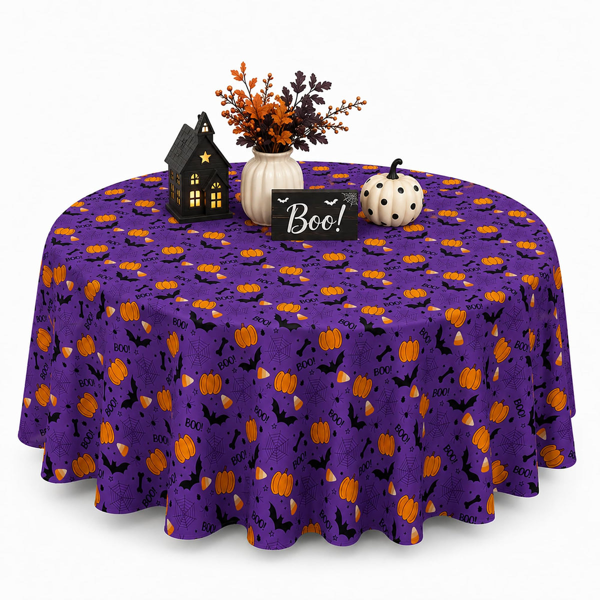 Fall Tablecloth Round 60 Inch Pumpkin Maple Leaf Thanksgiving Table Cloth