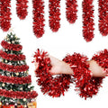 50FT Snowy Green Christmas Tinsel Garland, Metallic Twist Shiny Hanging Garland Ornaments for Xmas Tree Party Supplies Thick Thin Metallic Streamers for Indoor Outdoor Decor