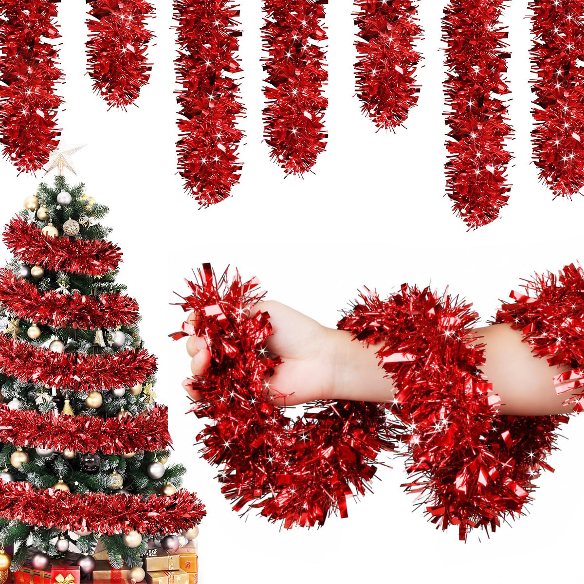 50FT Snowy Green Christmas Tinsel Garland, Metallic Twist Shiny Hanging Garland Ornaments for Xmas Tree Party Supplies Thick Thin Metallic Streamers for Indoor Outdoor Decor
